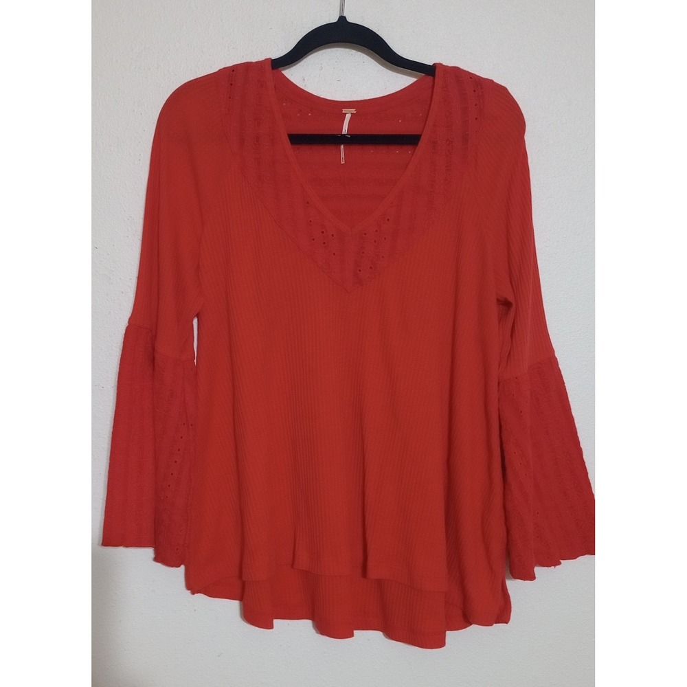 Free People Waffle Knit Eyelet Lace Trim Bell Sleeve Thermal Top Orange Medium